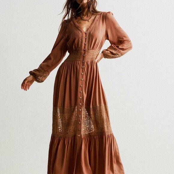 Boho Beauty Brown Casual Women's V Neck Lace Trimmed Maxi Dress - Picture 9 of 10